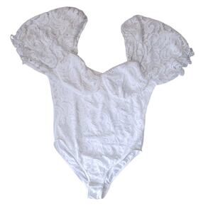 Cupshe White Bodysuit Womens Large Lace Puff Sleeve Snap Fairycore Romantic NWT
